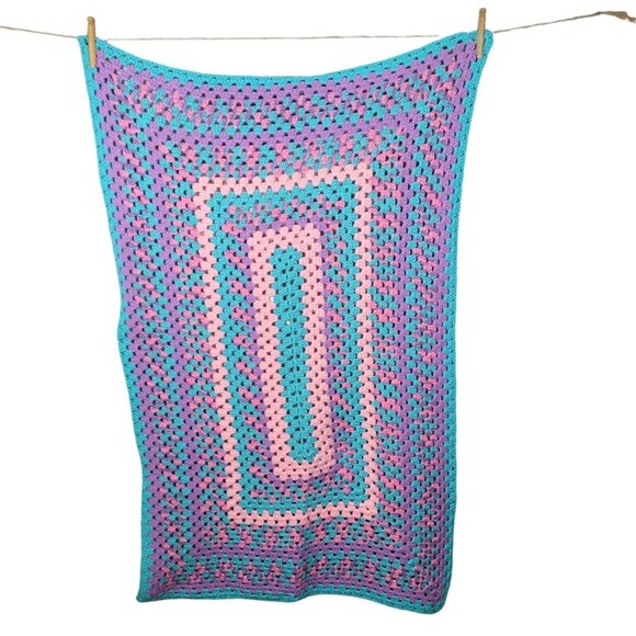Crochet Baby Afghan Purple Pink Blue Handmade Nursery Crib Blanket 29”x46" - Picture 1 of 4